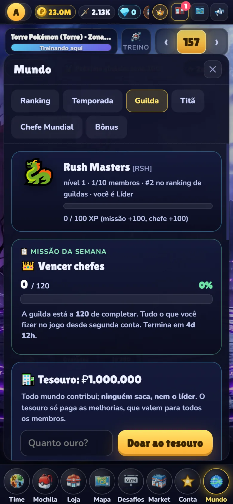 Tela da guilda no celular: missão da semana e tesouro